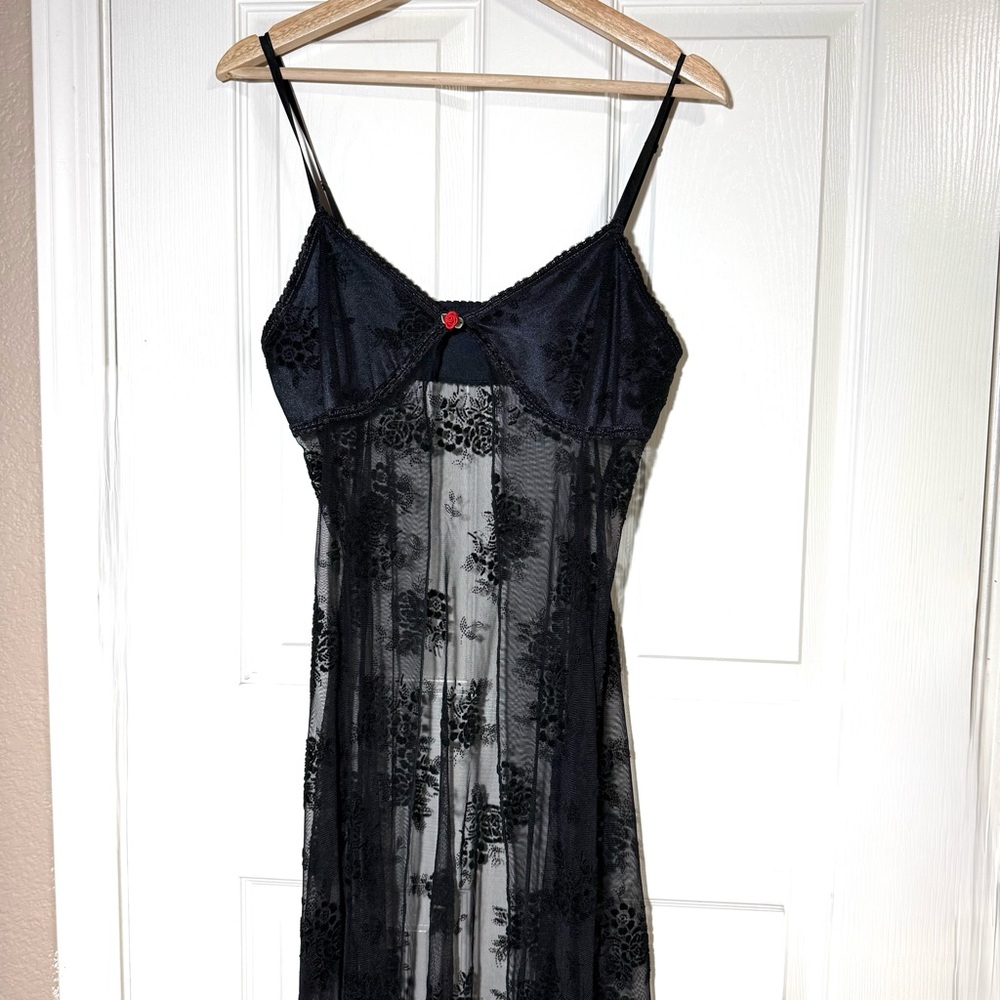 Sheer Black Velvet Floral Lace Slip Maxi Dress Rose Bow Whimsygoth Fairy Grunge - Picture 4 of 15